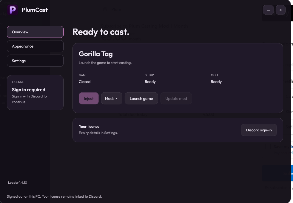 Plum launcher overview with Casting controls, mod selection and Discord-linked license status